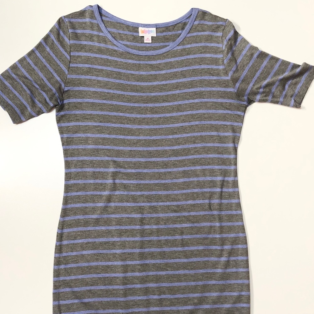 LuLaRoe Gray with Lilac Striped Knit T Shirt Dress